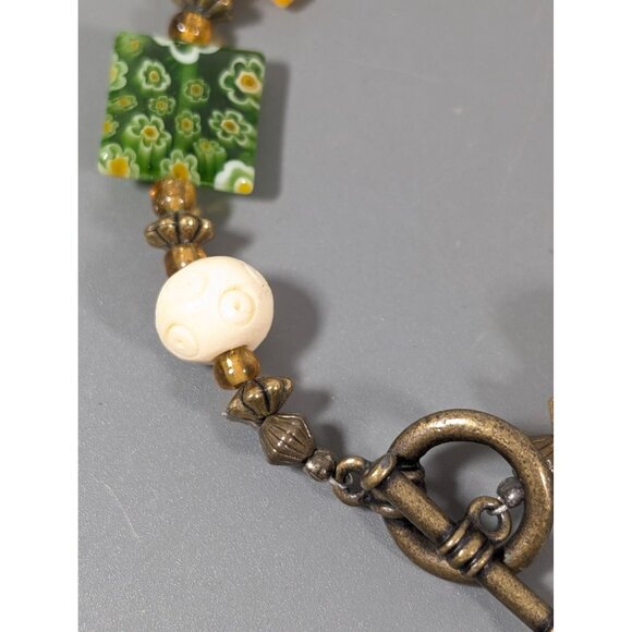 Bronze Tone Green Yellow Millefiori Glass Square Bead Bracelet 7" - Picture 6 of 7